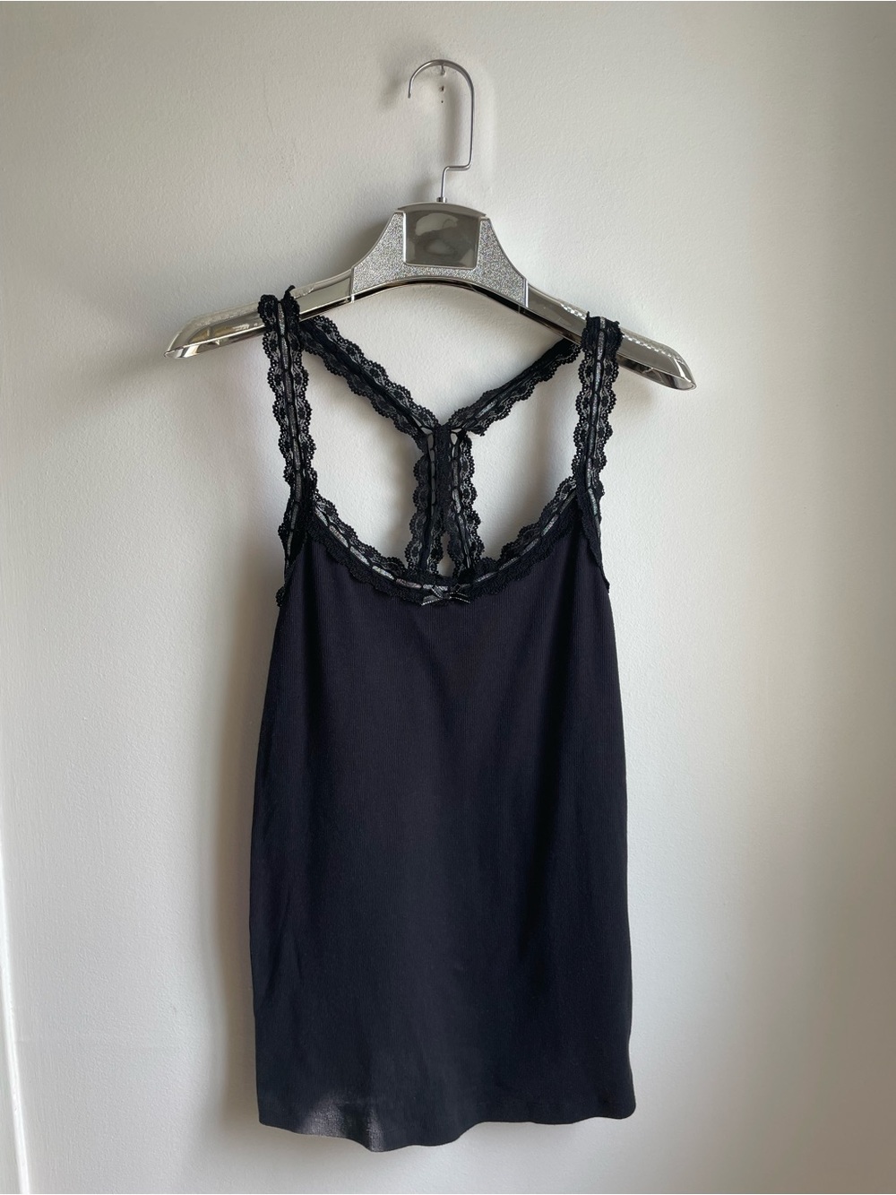 Black Lace-Trimmed Sleeveless Top Silver accent-size L-Y2K